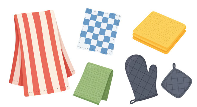 Collection of various patterned and solid colored kitchen textile items including towels mitts and potholders for domestic use