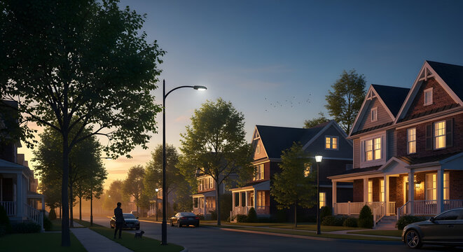 Modern residential houses along a clean street under a blue twilight sky with street lamps and interior lights creating a warm atmosphere