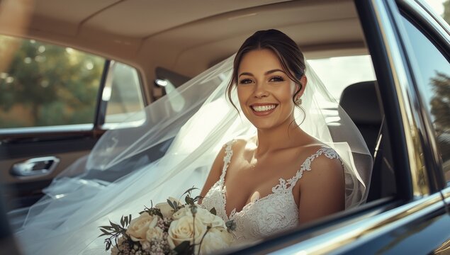 Beautiful young bride in a car. Joyous wedding