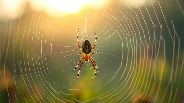Close-up of a garden spider on its intricate web illuminated by golden sunlight