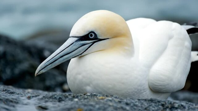 Close-up of a Northern Gannet perched on a rock, showcasing its distinctive features and calling in its natural habitat