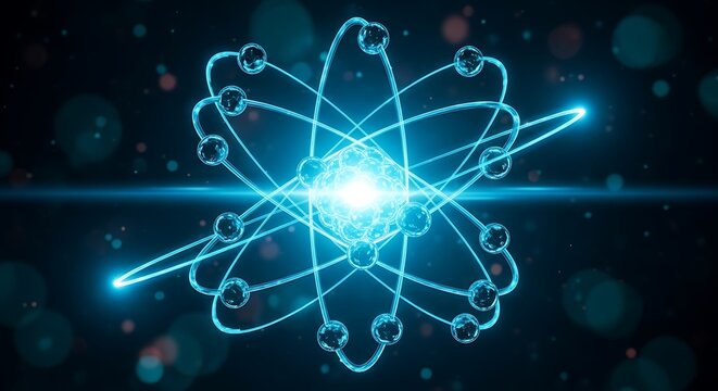 Stylized atomic structure with luminous core and multiple orbiting particles, digital representation of matter