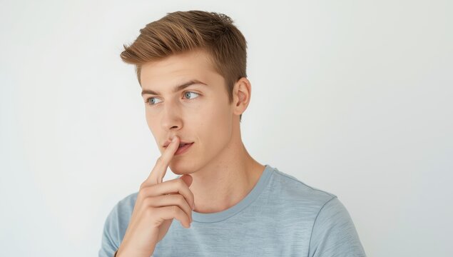 Charming young white man in a blue shirt poses with a finger near his lips, gazing to the side against a white backdrop