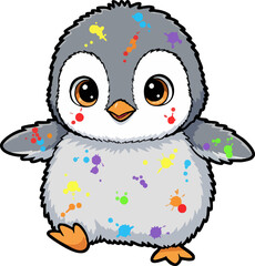 Fototapeta premium Cute Baby Penguin with Colorful Paint Splatters Illustration