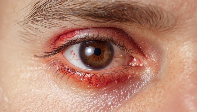 Close-up of a Caucasian man's eye affected by uveitis, showing redness from dilated capillaries, leading to irritation and tearing