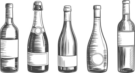 Set of hand drawn wine and champagne bottle vectors, sketch style isolated on white background for design © Majnur