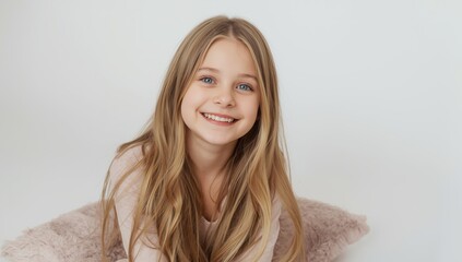Fortunate young white girl resting on a pillow against a white backdrop