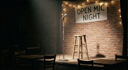 Empty open mic night stage with stool and microphone in dimly lit comedy club, ready for performance