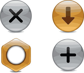 Obraz premium Vector set of glossy 3D UI buttons in silver and gold featuring close plus and arrow icons