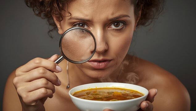 Fussy diner examining soup closely. Perfectionist woman scrutinizing her food for flaws
