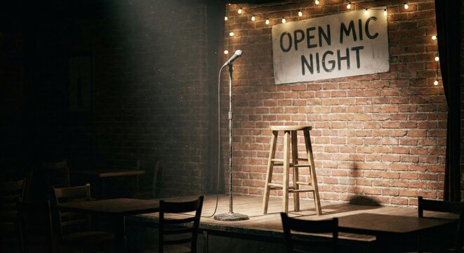 Empty open mic night stage with stool and microphone in dimly lit comedy club, ready for performance