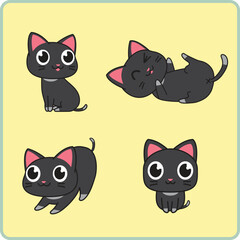 Fototapeta premium Kawaii Black Kitten Vector Illustration, Chibi Cat Emoticons, Funny Little Cat Sitting and Rolling