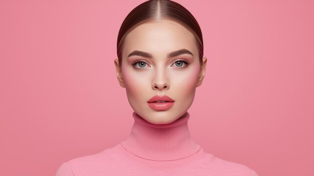 A close-up portrait of a woman with flawless makeup, wearing a pink turtleneck sweater against a matching pink background.