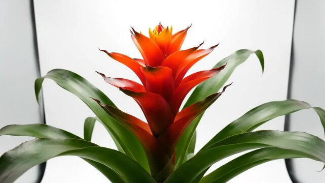 Beautiful close up of a vibrant red and orange bromeliad flower blooming with green leaves in a studio