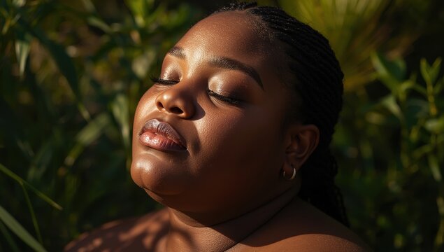 Portrait of a genuine, plump woman with her eyes shut in sunlight