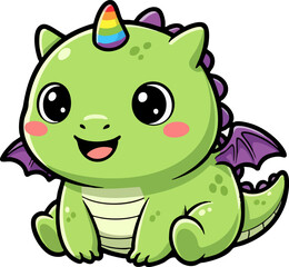 Obraz premium Cute Baby Dragon Cartoon with Rainbow Horn Illustration