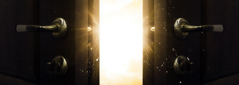 Bright sunlight shining through a slightly open dark door with elegant brass handles and knobs