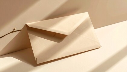 A minimalist shot of a light brown paper envelope or bag on a beige surface with soft shadows.