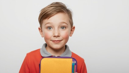 Obraz premium Young boy with pencil box on light backdrop