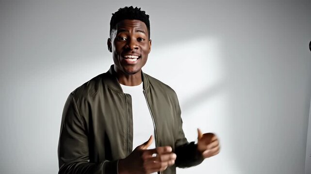 Confident young Black man speaking with engaging expression and hand gestures in a professional studio setting, conveying enthusiasm and communication