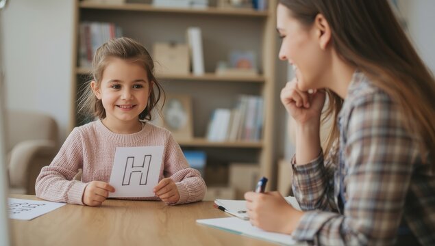 Young girl with a speech therapist articulating sounds in an office