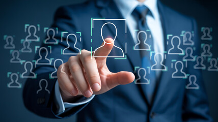 Obraz premium Recruitment: A hand interacting with a virtual interface, highlighting the essence of modern recruitment and selection processes.