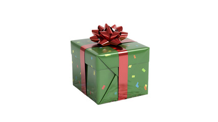 Fototapeta premium Green gift box with red ribbon and bow top wrapped in festive holiday paper with colorful dots isolated on transparent white background
