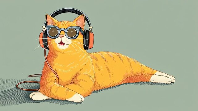 Cool Orange Tabby Cat Wearing Headphones and Sunglasses Illustration