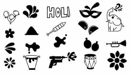 Vibrant Holi celebration icons set with flowers masks and musical instruments in a lively illustration