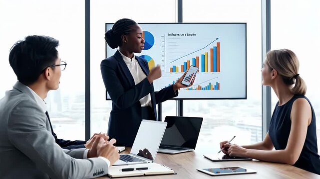 Business team discussing financial growth on a presentation screen with charts and graphs