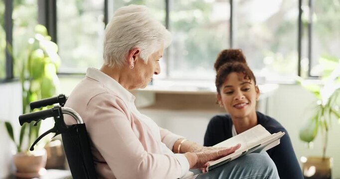 Volunteer, book or old woman with wheelchair in nursing home, novel discussion or retirement hobby. Community service, happy helper or senior person with disability in hospice, story summary or chat
