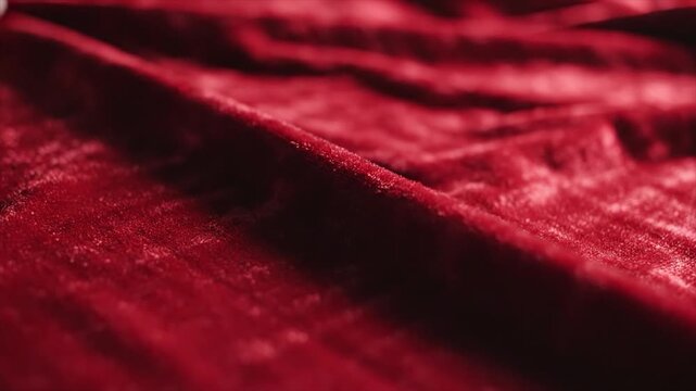Soft fabric texture close-up with creases and folds in a deep red velvet material viewed from a low angle