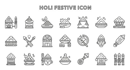 Collection of Holi festival icons featuring traditional elements and celebratory items in a simple line art style
