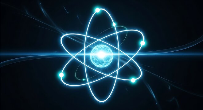 Abstract glowing atomic model with blue orbits and bright nucleus on a dark background, concept for science
