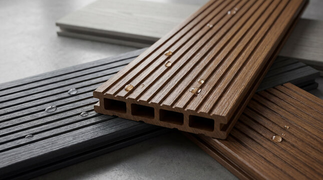 Close-up of water-resistant composite decking boards in brown, grey, and charcoal. Durable WPC samples for outdoor design