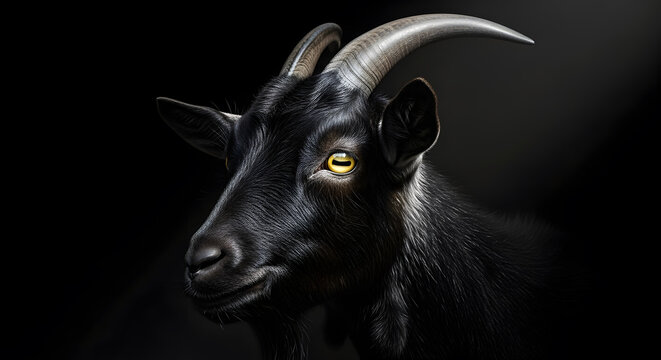 Close up portrait of a majestic black goat with long curved horns and yellow eyes against a dark background