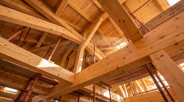 Light filtering through newly installed wooden roof beams and rafters in a building under construction