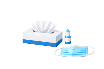3D Illustration of Face Mask, Tissue Box and Nasal Spray on White Background &ndash; Allergy and Cold Prevention Concept
、花粉症・風邪対策のマスクとティッシュと点鼻薬の3Dイラスト｜白背景の医療予防コンセプト
