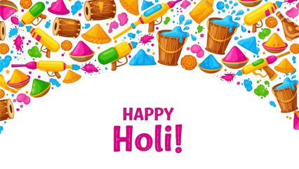Vibrant Holi celebration with colorful powders and buckets surrounding a central greeting card with Happy Holi written on it
