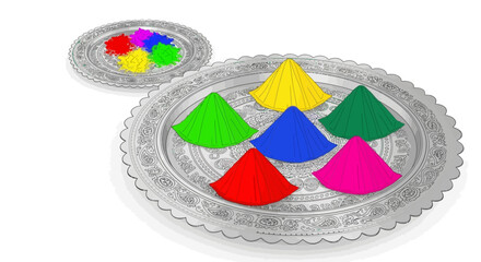 Vibrant colored powders arranged on decorative trays for Holi celebration