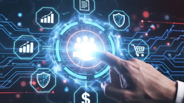 Hand interacting with futuristic digital interface showcasing various business icons and security features in a technological environment from a close-up viewpoint