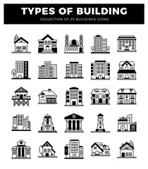 Collection of building icons on white background.  Vector illustrations of various structures including houses. skyscrapers. and government buildings.