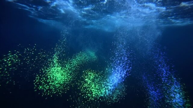 Vibrant Particles Swirling Underwater Beneath Rippling Surface