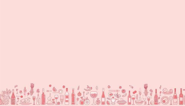 Delicate pink line art banner featuring various elements related to fine dining wine glasses culinary ingredients and sophisticated beverage service perfect for menus or elegant invitations