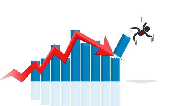Businessman falling from a broken bar chart with a red arrow pointing down
