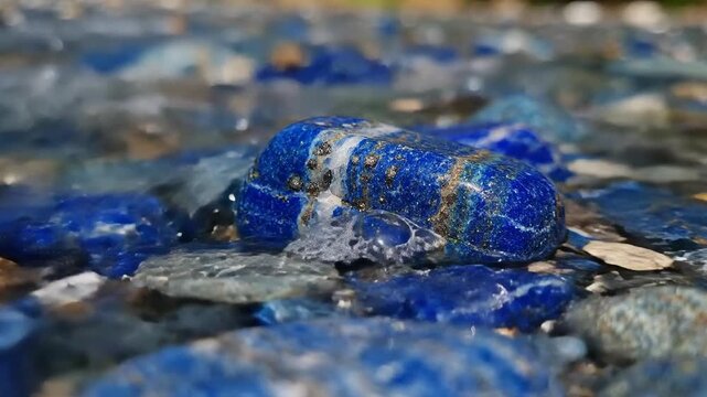Close up view of vibrant blue lapis lazuli gemstones with golden pyrite inclusions in shallow water