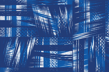 Intricate Japanese-inspired background featuring a layered indigo weaving texture. Hand-drawn with bold cross-hatching, sashiko-style patterns, and rustic woodblock-style etching.