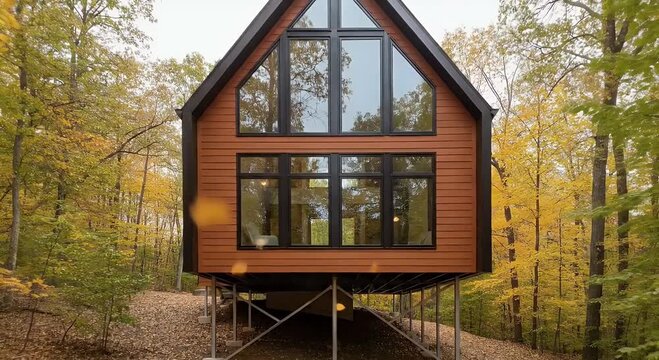 Modern cabin in autumn forest featuring warm wood textures large windows and a scenic view of colorful fall foliage creating a natural and inviting setting