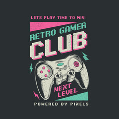 Retro Gamer Club Gamepad joystick vector illustration with slogan for t shirt print © Saranya