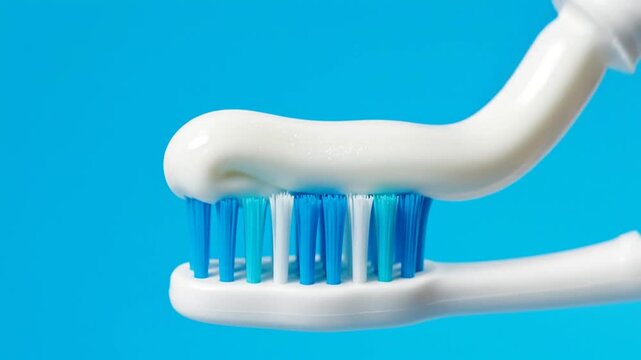 Close up view of squeezing white toothpaste onto a white and blue toothbrush against a blue background for dental hygiene